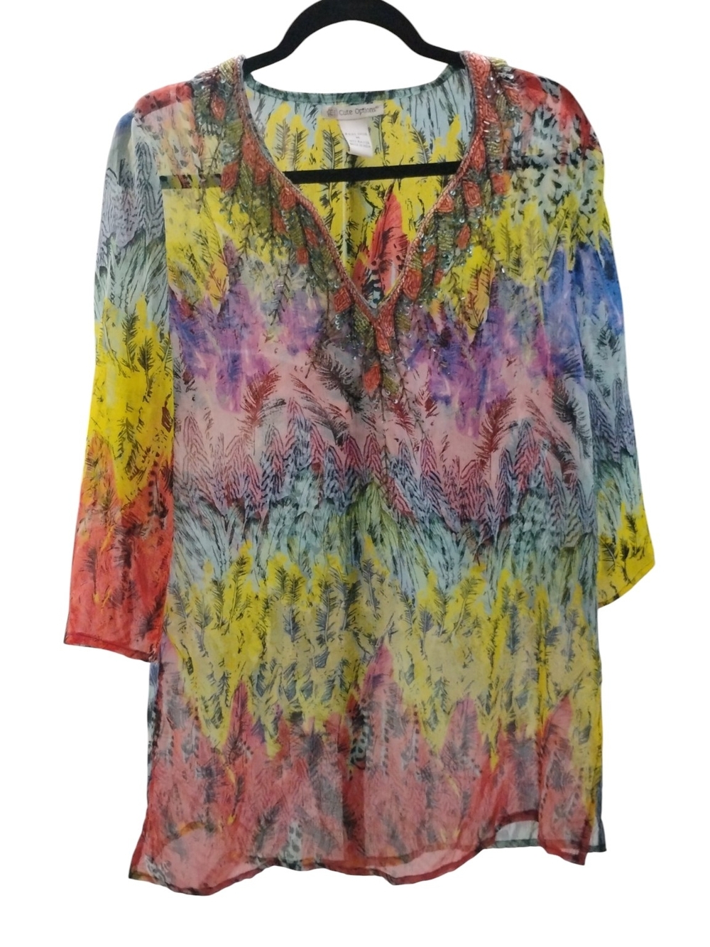 Cute Options Beaded V-Neck Multi-Color Sheer Tunic SZ M